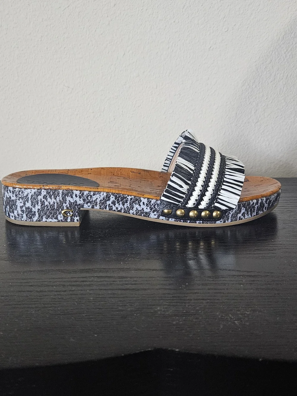 Coach Black and White Fringe Slide Mule
